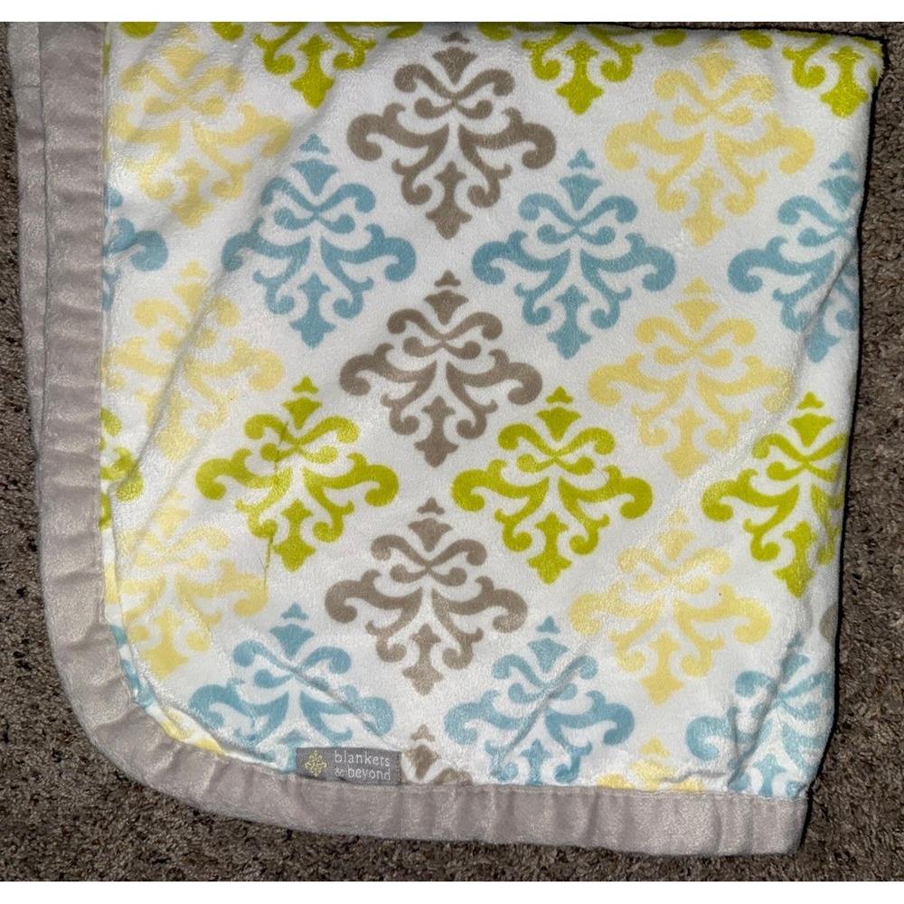 Blankets and Beyond Baby Blanket Blue Green Grey Yellow Damask Print